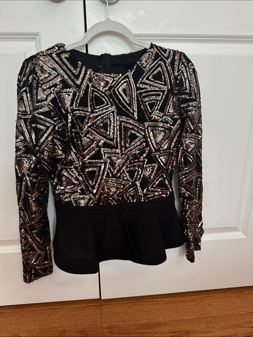 Black Sequin Geometric Peplum Blouse